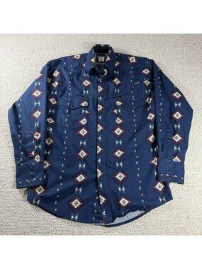 Vintage Wrangler Pearl Snap Aztec Brushpopper Blue Multicolor Men’s Size Medium